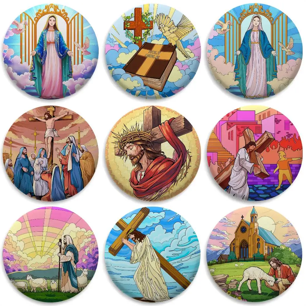 

Virgin Mary Jesus Christ Badges Round Exquisite Badge Brooches Creative Pins For Clothes Hat Backpack Gift Accessories