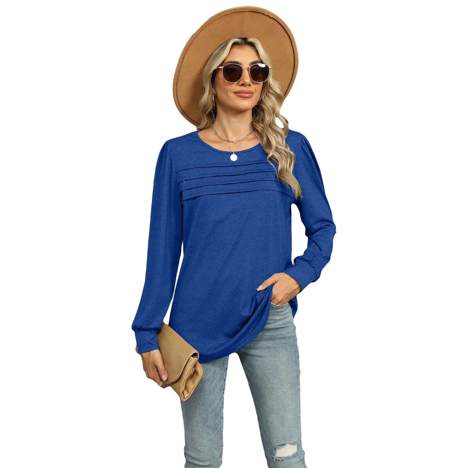Pleated Round Neck Top H Silhouette Streetwear with Long Sleeve Casual Midi Length Pullover American and European Style T Shirts