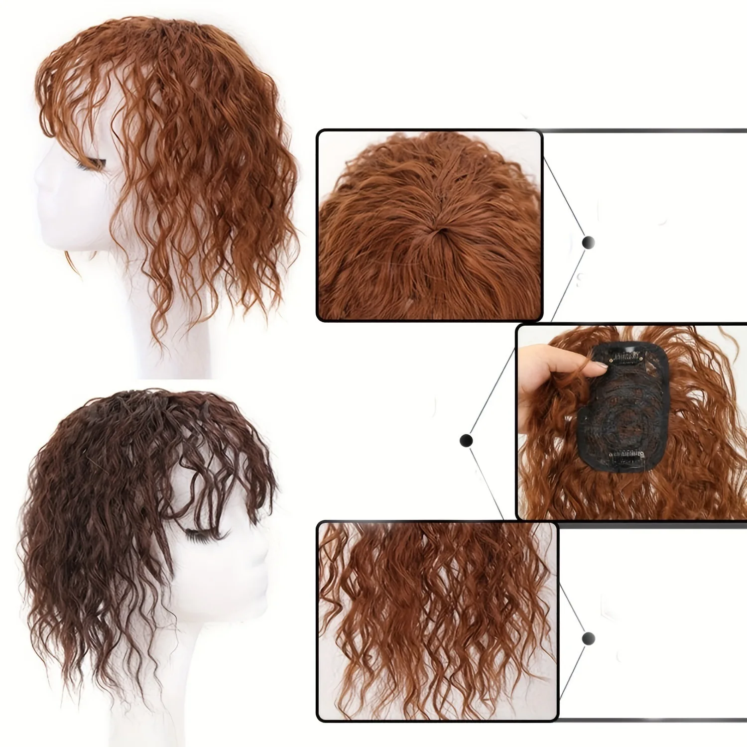 Short bob wig with bangs, wave pattern, thin top hairpiece for covering white hair, synthetic wig piece