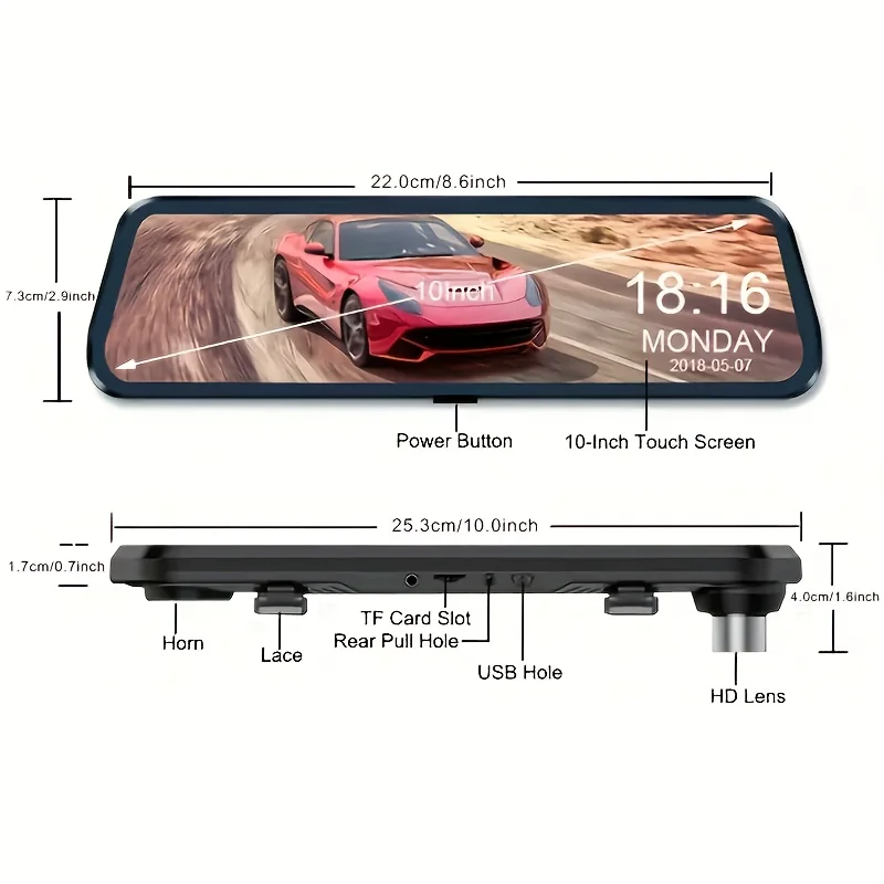 Rearview Mirror Dashcam Front And Rear, Rearview Mirror Camera With TF Card, 9.66-inch 1080P IPS Touch Screen Loop Recording/150