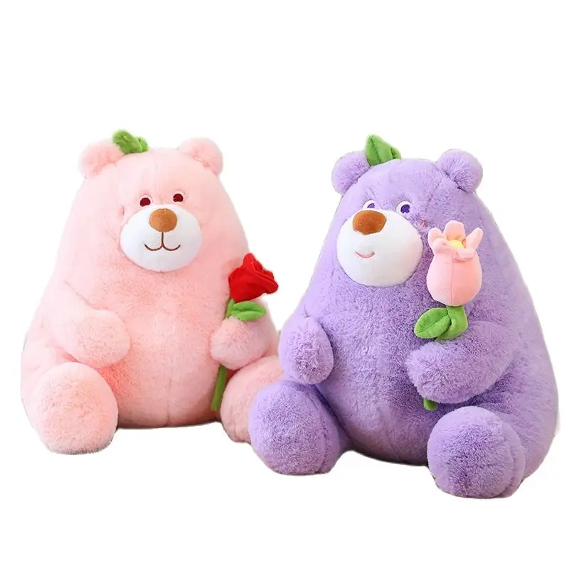 25/35/45CM Kawaii Fat Bear Plush Toys Stuffed Teddy Bear Holding Rose Flower Plush Doll Valentine Christmas Gift for Girls