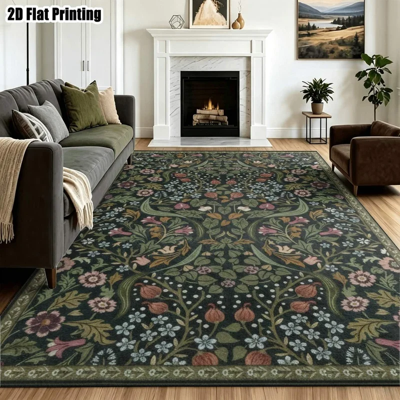 Large Indoor Area Rug, Soft Velvet Low Pile Machine Washable, Vintage Botanical Floral Pattern Dark Green Floor Rug, Ideal for Living Room and Bedroom, Soft Low Profile Velvet Area Rug for Home Decor