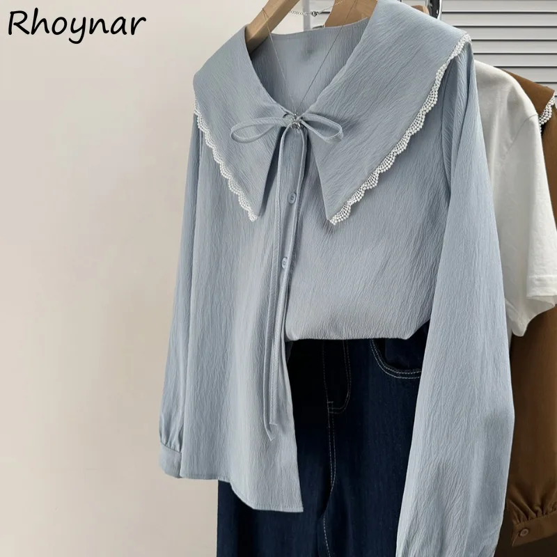 

Solid Long Sleeve Shirts Women Autumn Gentle Female Sweet Tops Baggy Simple Casual Lace-up Patchwork Peter Pan Collar Design Ins