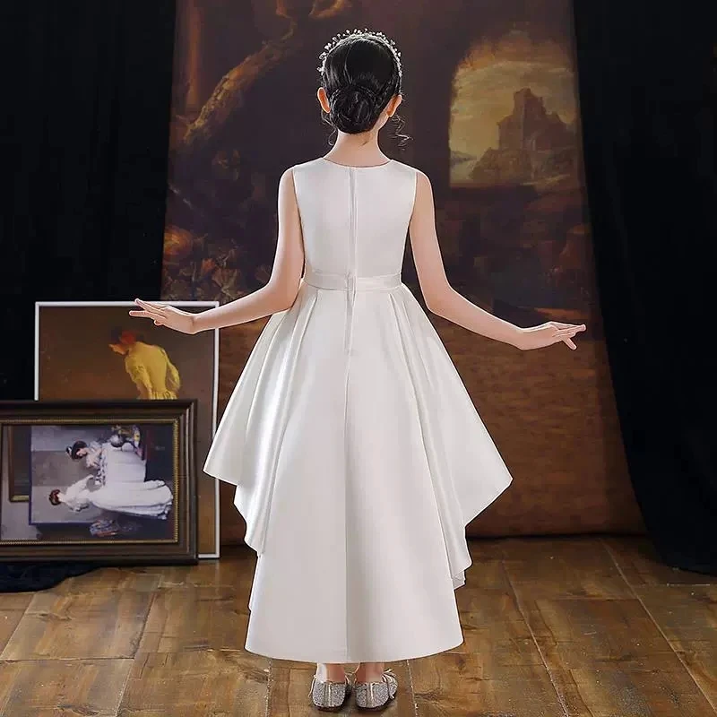 Maßgeschneidertes Blumenmädchenkleid für die Hochzeit, Schleife, Satin, ärmellos, hohe Taille, elegantes Kindergeburtstagskleid, Erstkommunionkleid