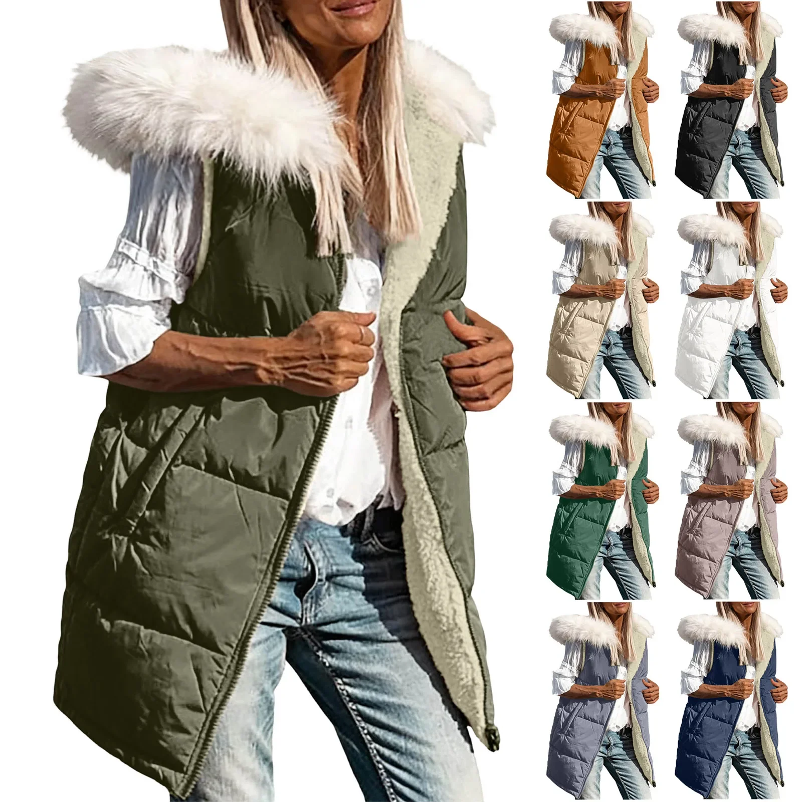 طوق مشعر كلا الجانبين يمكن ارتداء معاطف الشتاء الدافئة 2023 النسائية عكسها شيربا الصوف طويل مقنعين سترات منتفخة ملابس خارجية #1
