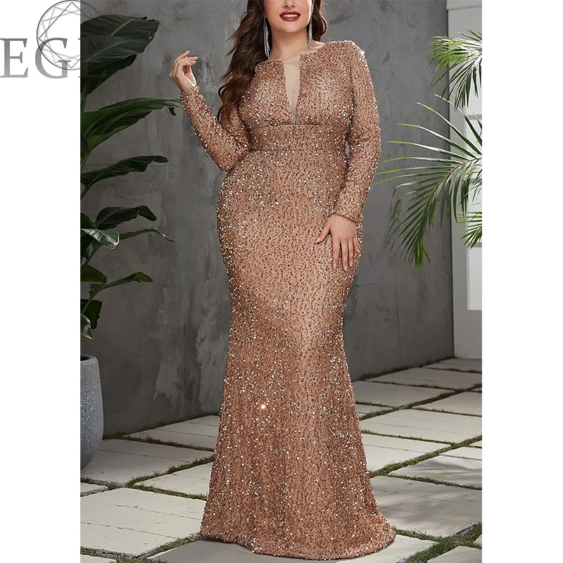 Plus Size Sequins V Neck Long Sleeves Luxury 4XL 5XL Maxi Dress Wedding Banquet Party Mermaid Ladies Plus Size Dresses 2024