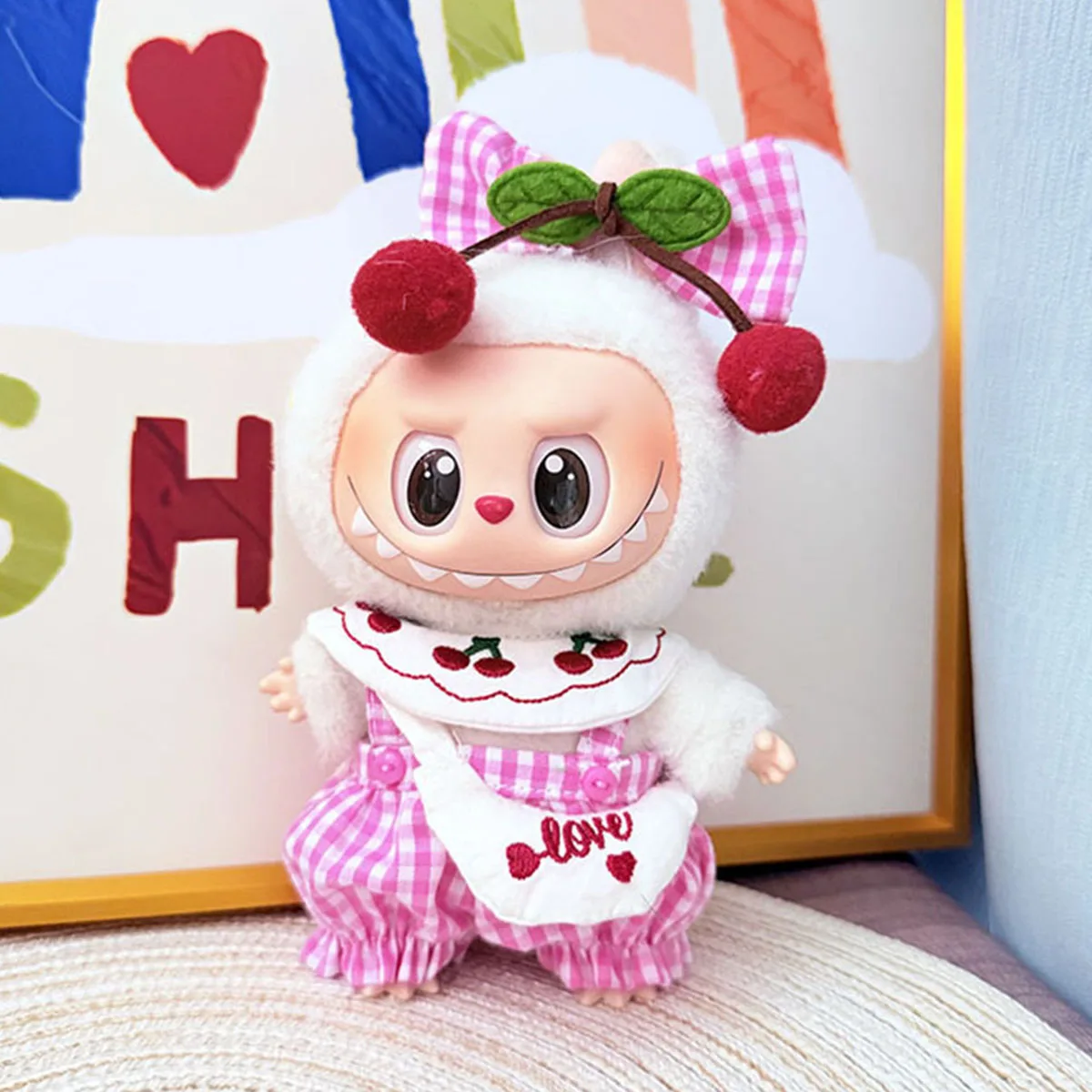 귀여운 미니 봉제 인형 옷 체리 슈트 17cm Labubu 옷 체크 점프 슈트 보우 복장 액세서리 패션 선물