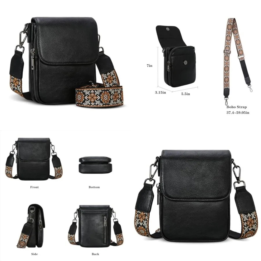 

Leather Small Crossbody Bags for Women RFID Blocking Cell Phone Purse Anti-Theft Travel Bag with wide Straps
