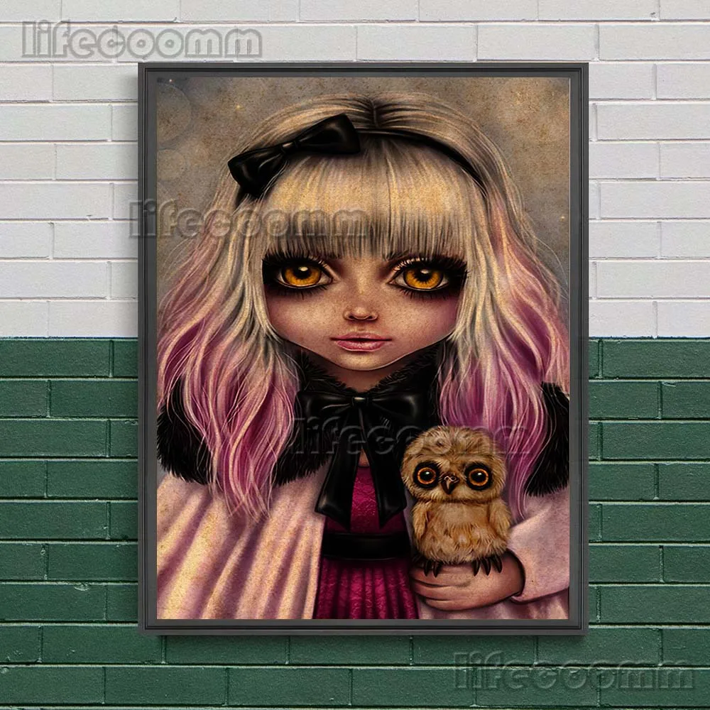 Dark Fantasy Cute Gothic Wall Art Canvas Painting Vampire,Zombie And Owl Art Poster And Print For Living Room Decor Unframed