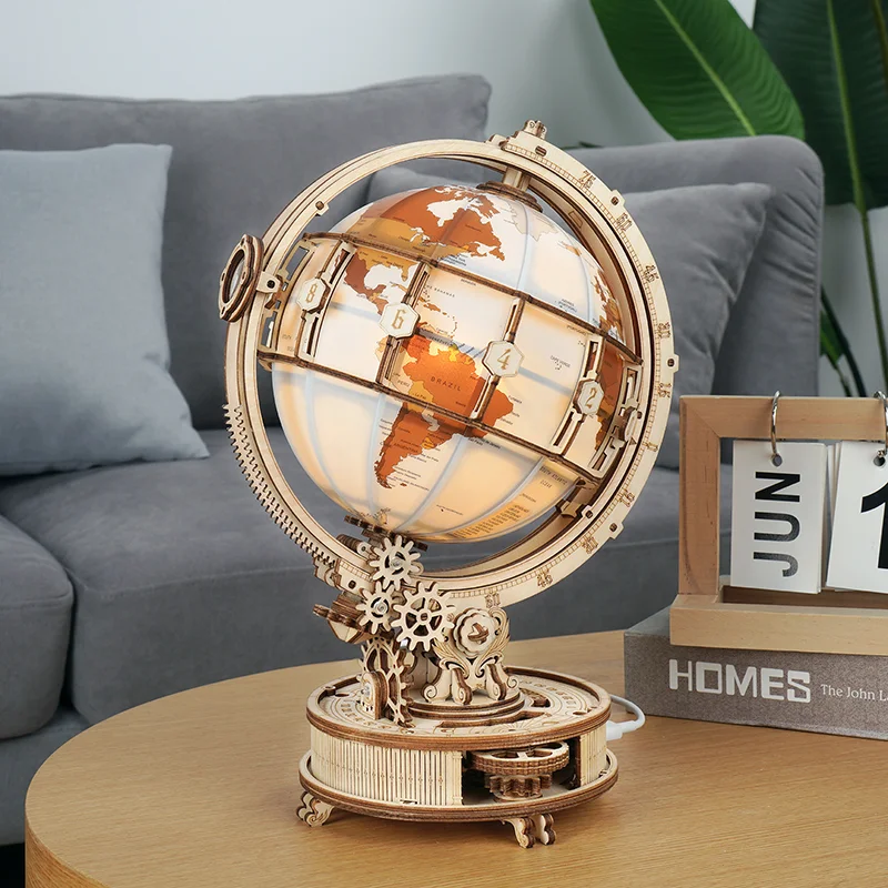 29cm World Globe Earth Map Globe with LED Light DIY Wooden Model Building Block Globe Desk Decoration Furniture Gifts