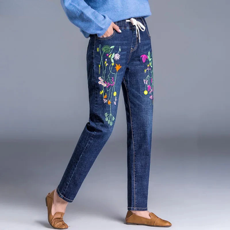 

Floral Embroidery Harem Jeans Women Streetwear Elastic High Waist Denim Pants Korean Vintage Casual Chic Kot Pantolon J212