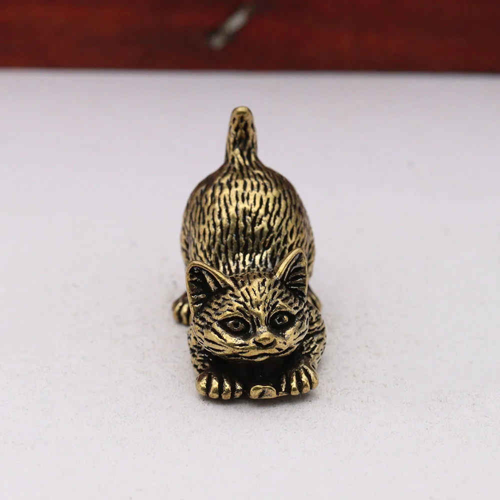 Brass Lovely Cat Lying Down Figurines Desktop Ornament Retro Cute Kitten Animal Small Statue Home Decorations Crafts Accessories