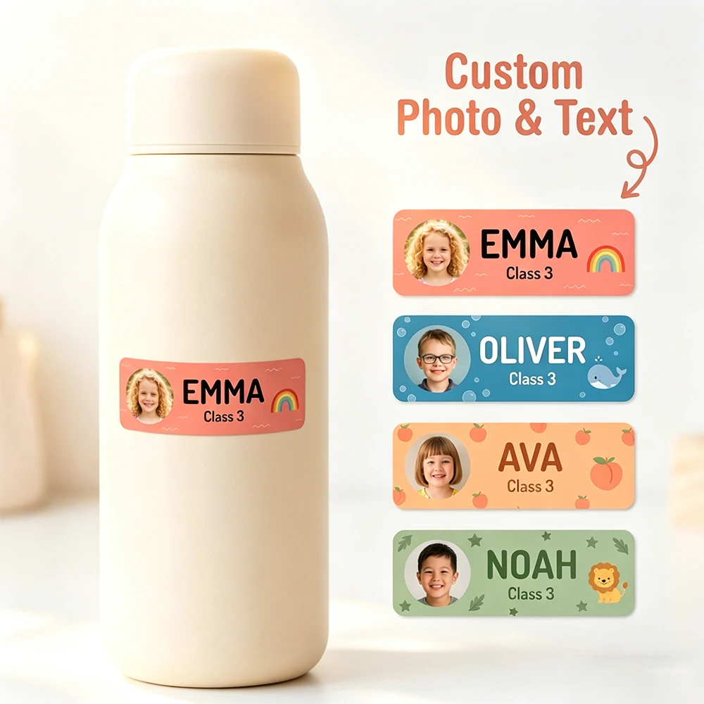 Personalized Children Name Stickers With Photo,Cute Cartoon Design,Waterproof Anti-Lost,Multi-Use for Water Bottles,Stationery