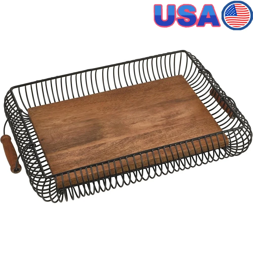 

Stylish Rectangular Kitchen Storage Basket Tray Fruits Vegetables Decorative Centerpiece with Built-in Handles Iron Mango Wood