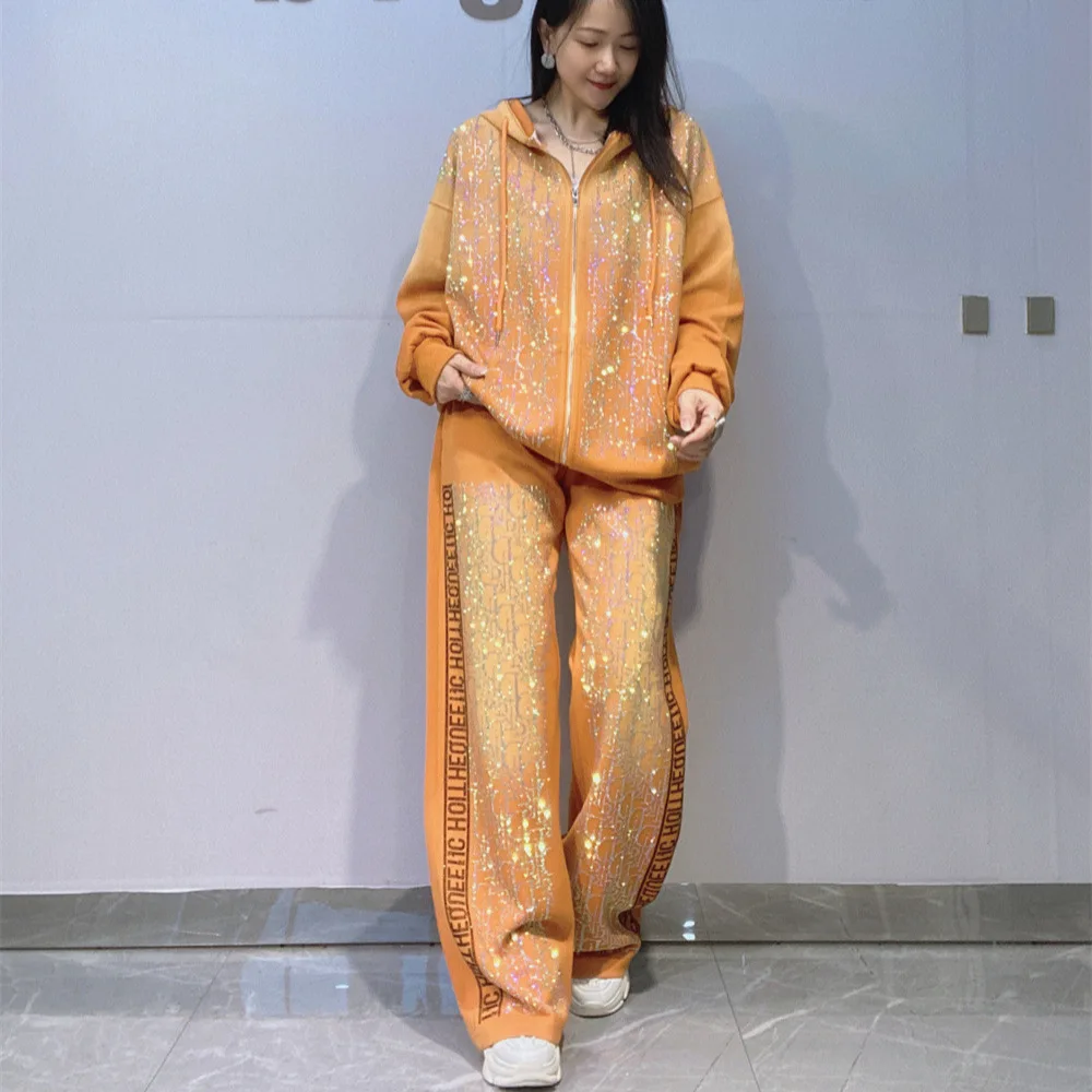 Fashion New Autumn Winter Women Hoodie Set Letters Hot Diamonds Hooded Zip Cardigans Coat + Elastic Waist Loose Straight Pants