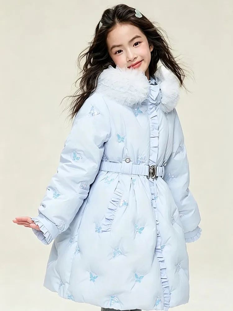 Kinder Mädchen Prinzessin Daunenjacke 90% Weiße Entendaunen Lange Kapuzenjacke Rüschenbesatz Warme Winteroberbekleidung 3-12 Jahre A5106 – Detail 7