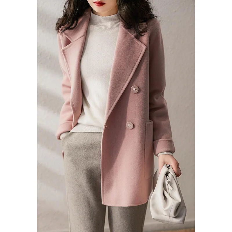 Cappotto di lana rosa rosa stile Hong Kong 2025 Cappotto di lana di media lunghezza in stile occidentale alla moda primavera e autunno