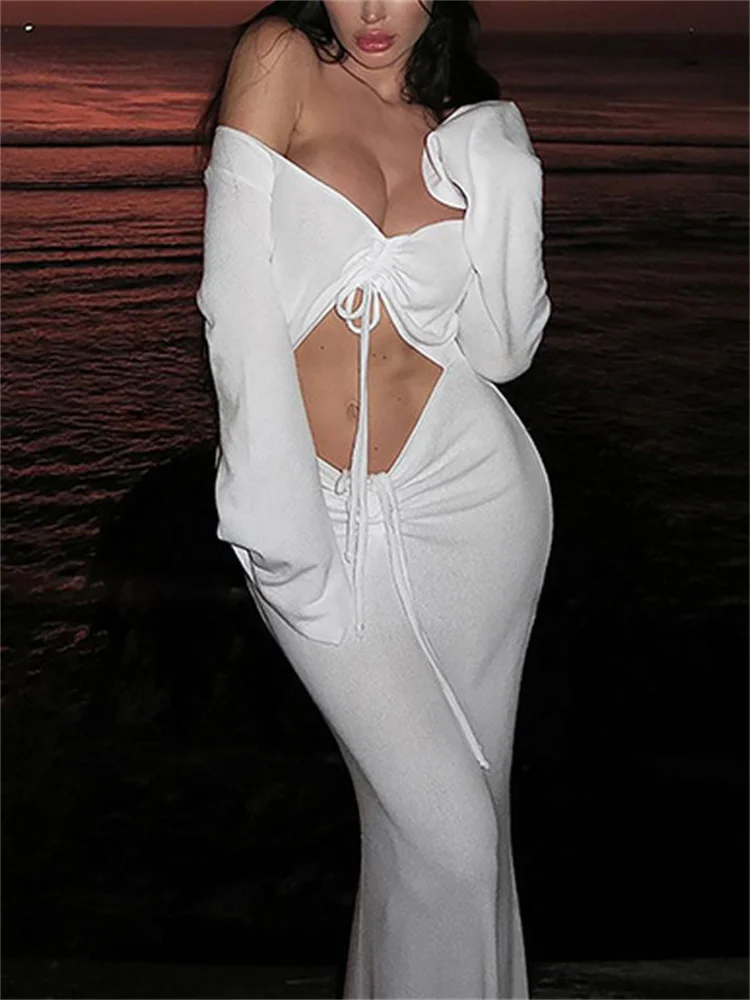 

Tossy White Sexy Hollow Out Long Dress For Women Lace-Up V-Neck Fashion Beach Holiday Bandage Dress Ladies Slim Maxi Dress 2024