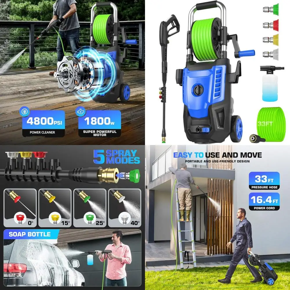 

Высокопроизводительная 33-футовая мойка высокого давления с 4 насадками и вращающимся распылителем для дома, автомобилей и патио - Улучшенная модель 2025 года