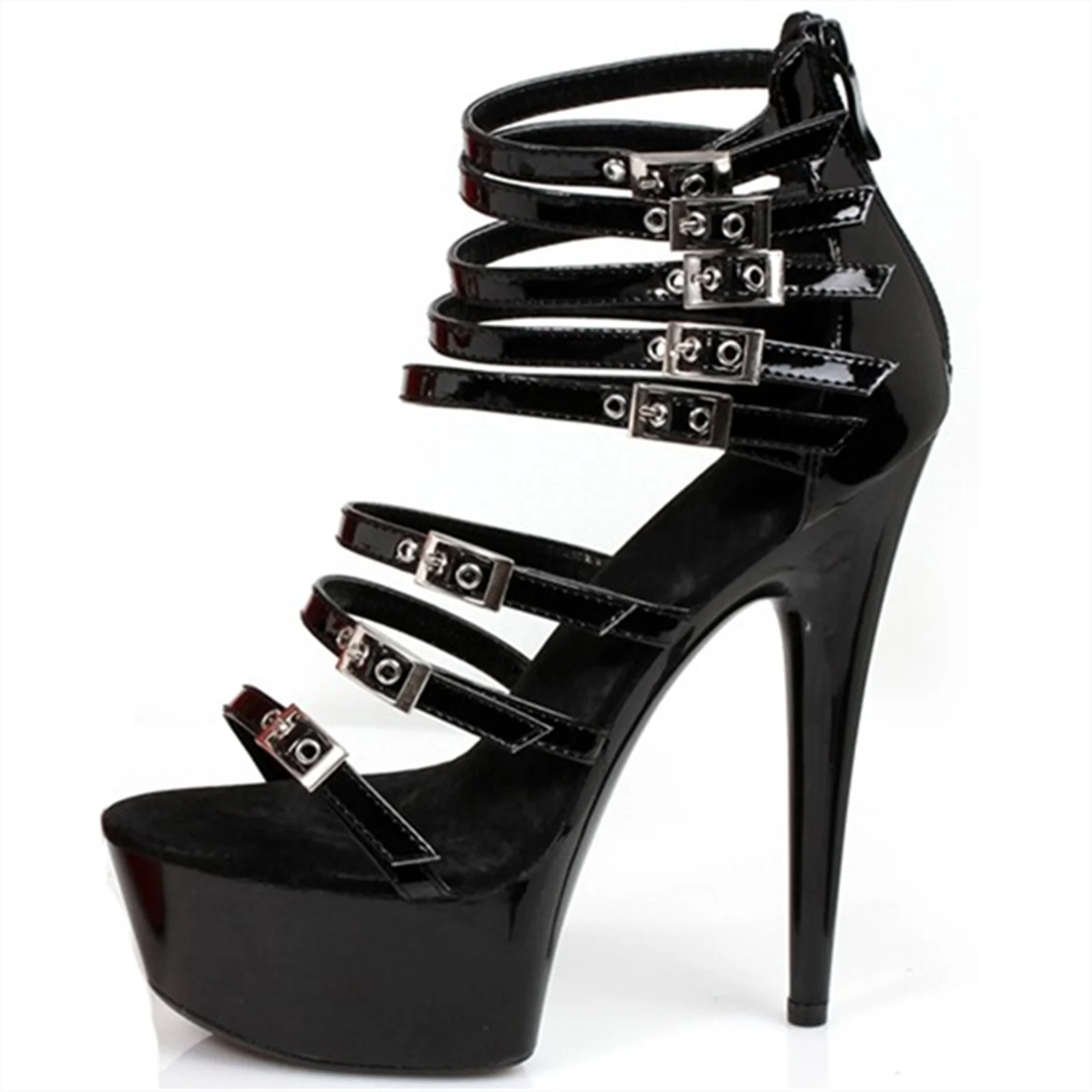 Witchy Stilettos negros Tacones altos de fiesta sexy de 15 cm - Tacones de plataforma gruesos con correa entrecruzada con hebillas metálicas Zapatos góticos