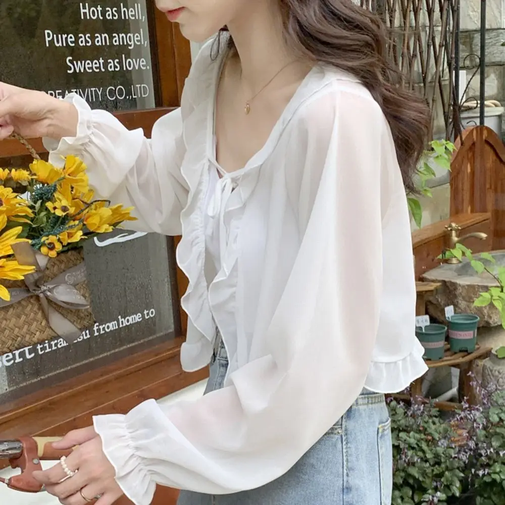

Simple Female Wraps Wrapped Poncho Chiffon Ruffle Summer Sunscreen Shawl Korean Style Shawl Short Top Coat Lace Cardigan