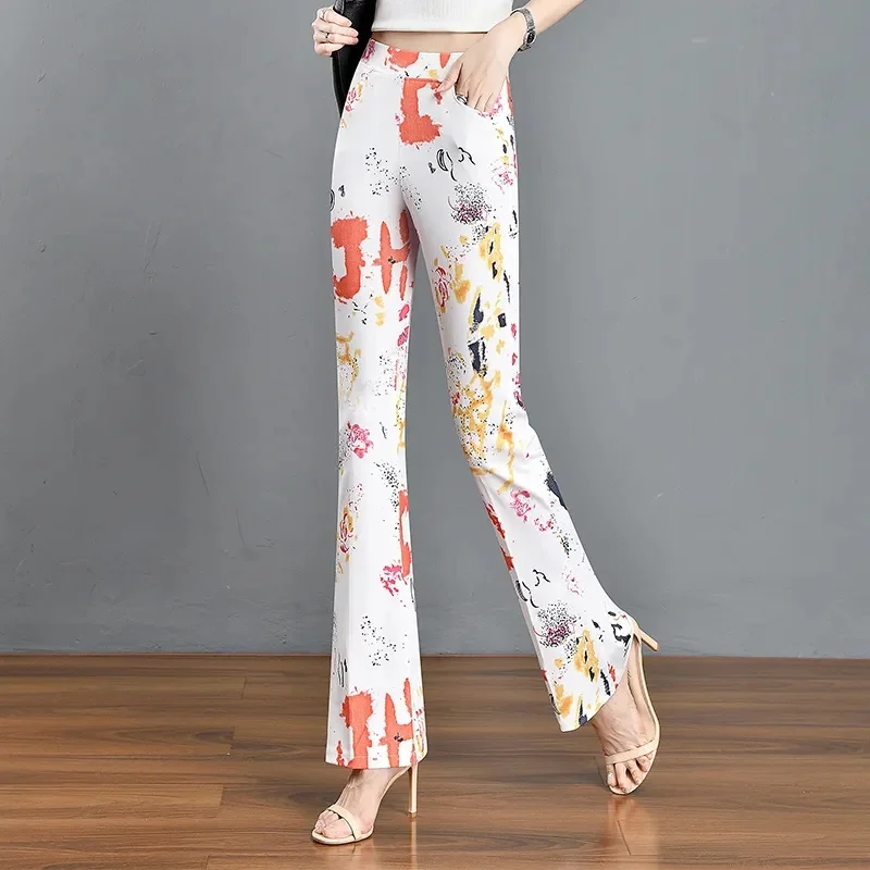 Spring Autumn Ladies Fashion Print Micro Horn Pants Women Elastic Waist Trousers Sweet Female Leisure Middle-waisted Pantalons
