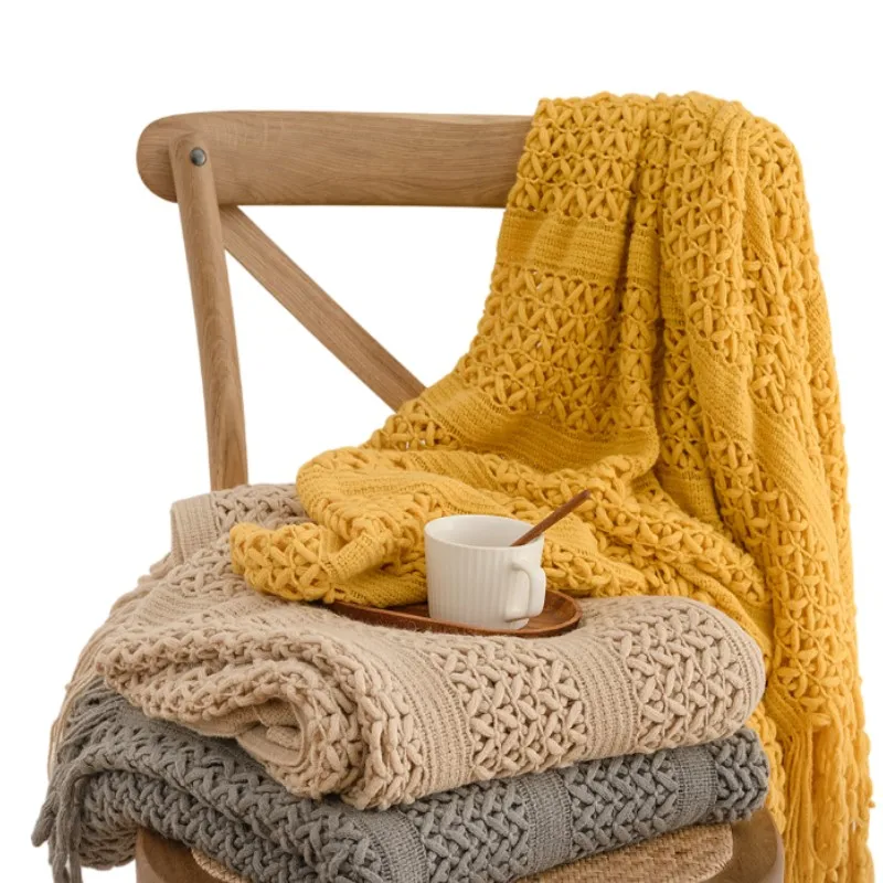 Nordic Crocheted Khaki Blanket with Tassels Travel Sofa Bed Throw Air Conditioner Hollow Plaid Blanket for Drop Shipping view 6