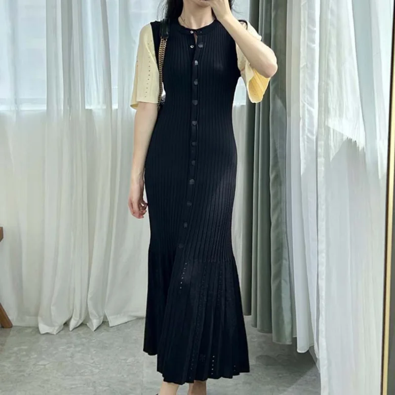 

Women Long Dress O-neck Single Breasted Elegan Slim Spring New Fish Tail Knitted Robe