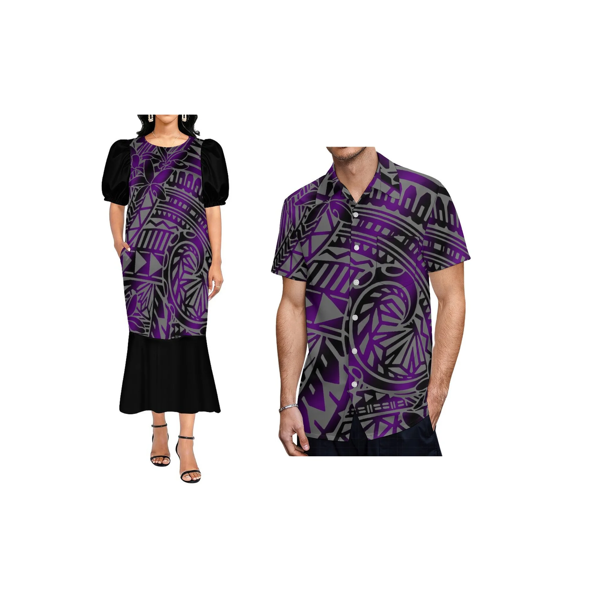 Low Price Custom Micronesian Stretch Mumu Fishtail Dress Samoan Ladies Puffy Dress And Men Stiff Neck Shirt Couple Clothing 2pcs