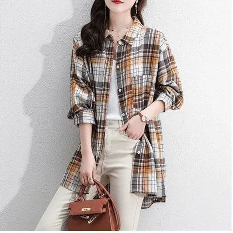 Casual Commuting Plaid Shirt for Women\'s Spring Autumn New Long Sleeved Korean Version Loose Matte Medium Length Trendy Coat Top