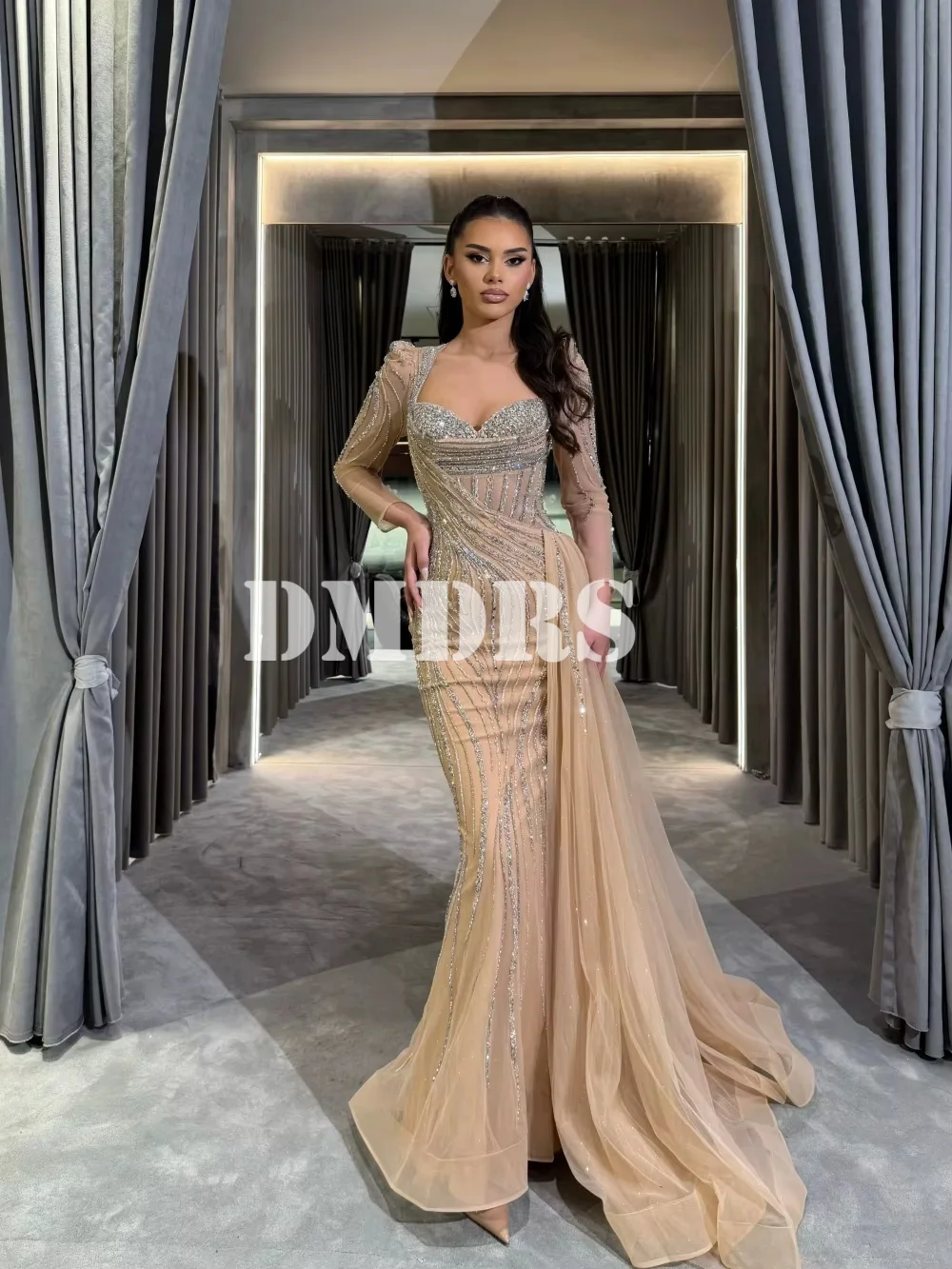 Fashion Detachable Train Evening Dress Luxurious Long Sleeve Beaded Party Gown Elegant Floor Length Party Dresses فساتين سهرة