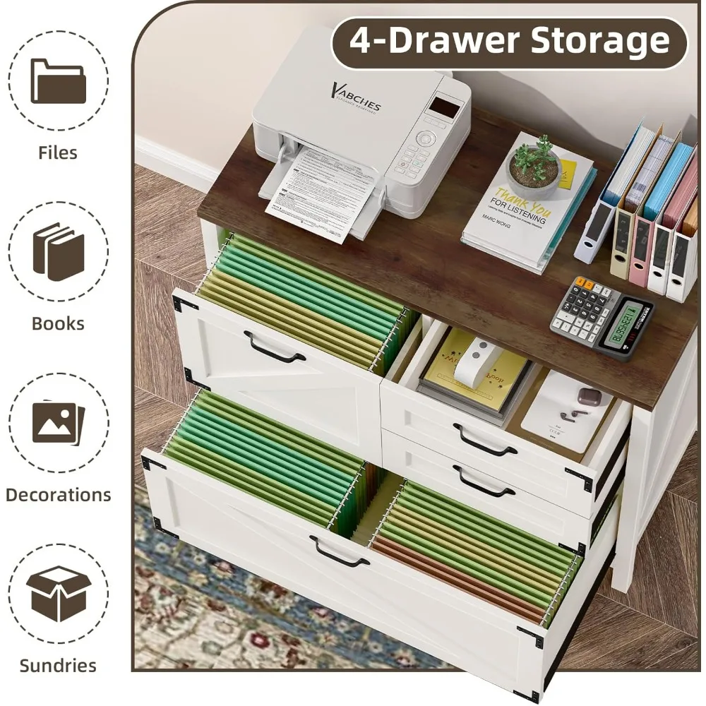 4-Drawer Lateral File Cabinet for Home Office, Large Farmhouse Style, Suitable for Letter, A4, and Legal Size Files