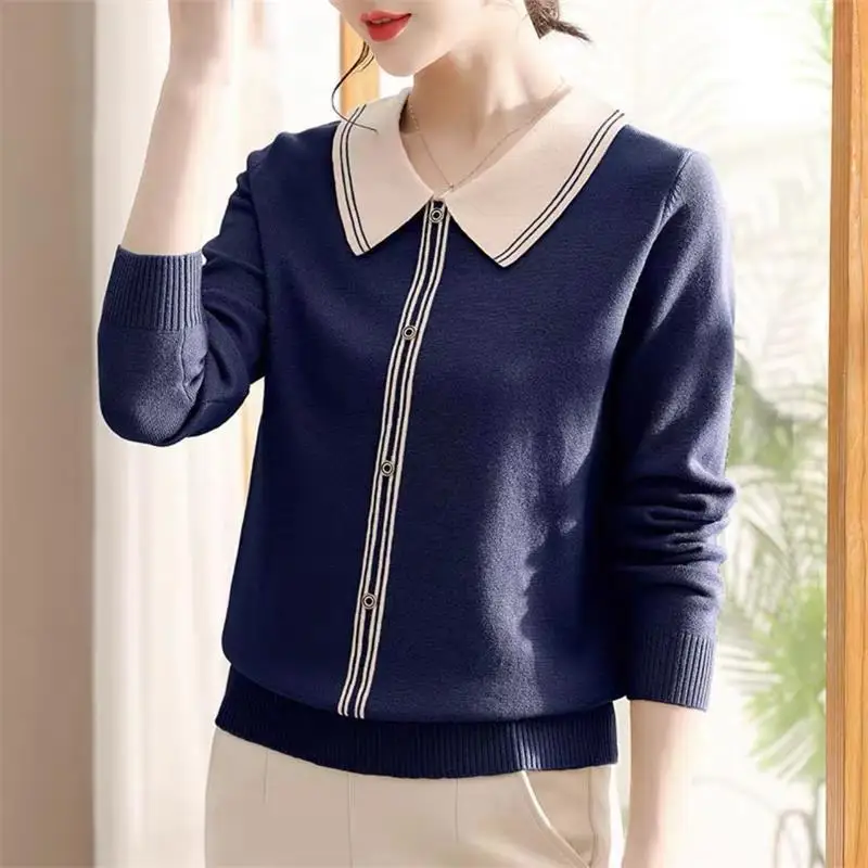 Knitted Sweater Women's Clothing Autumn Winter Turn-down Collar Pullover Button Long Sleeve Screw Thread Elegant Korean Tops