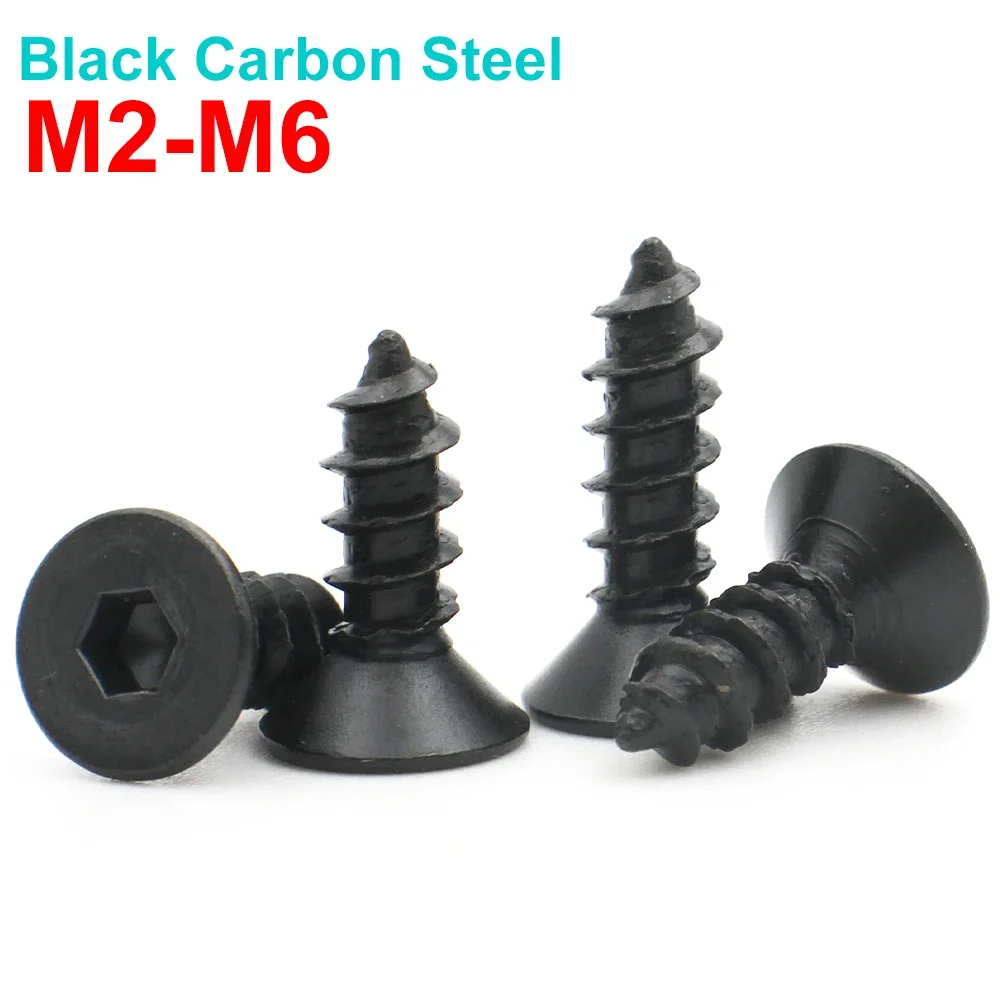 10/ 20/ 50/ 100pcs M2 M2.3 M2.6 M3 M4 M5 M6 Black Carbon Steel Hexagon Hex Socket Flat Countersunk Head Self Tapping Screw