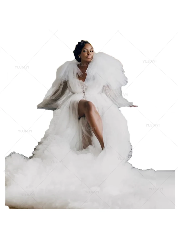 Vestido de noiva branco extra puffy para mulheres, roupinha longa para sessão fotográfica, festa de casamento, vestido de baile, pijamas nupciais Boudoir, camisola