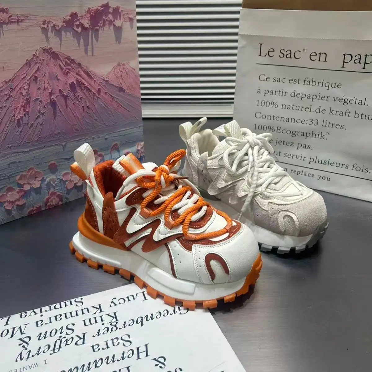 

Retro Women Chunky Sneakers Fashion Big Head Platform Casual Sports Shoes Artificial Leather Lightweight walking Tennis Female