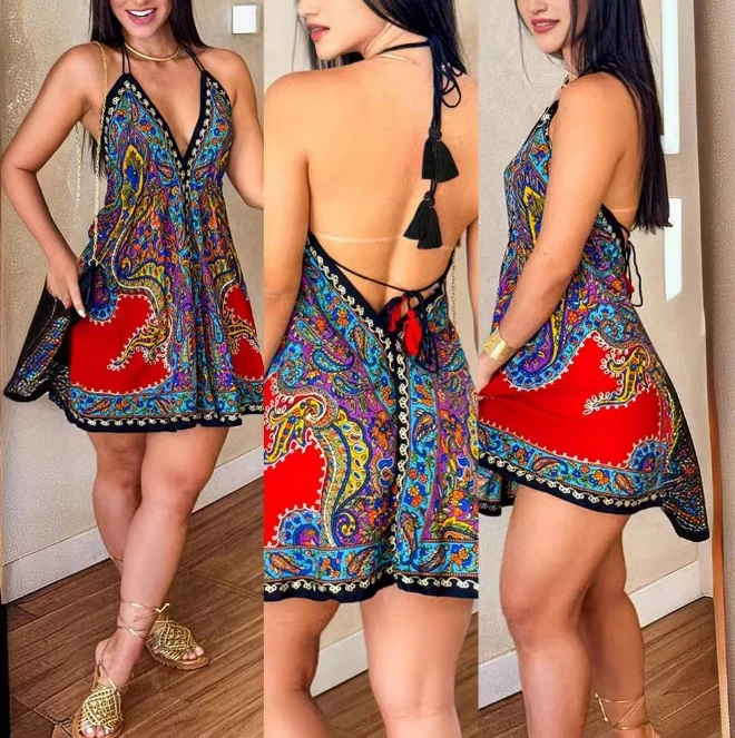 Womens Dresses 2024 Summer Retro Printed V-Neck Sleeveless Backless Tied Back Loose Casual Daily Vacation Mini Dress