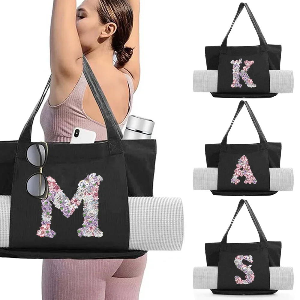 

Gym Bags Women's Yoga Mat Tote Bag Portable Canvas Handbag Large-capacity Pilates Shoulder Bags Storage Rose Flower Series