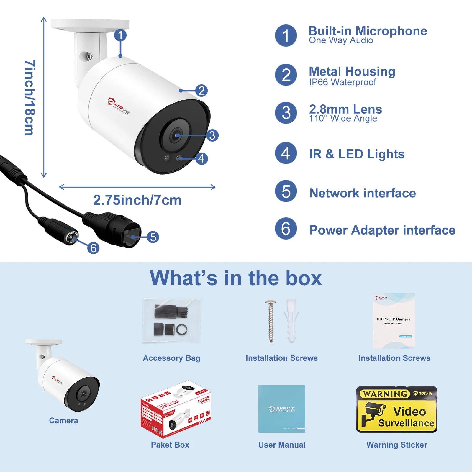 Anpviz 8MP POE IP Bullet Camera Outdoor 24/7 ColorVU 30m CCTV Video Surveillance IP66 SD Card H.265 Audio Motion Detection 2.0
