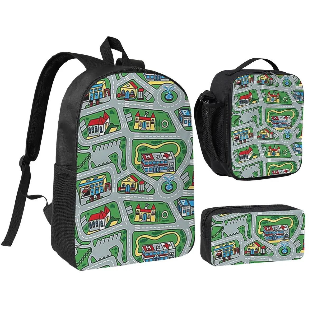 Car City Carpet Road Rug 90s Nostalgic Toy Backpack  BookBag School Bag Shoulder Bags 3ps Insulated Lunch Bag Pencil Case