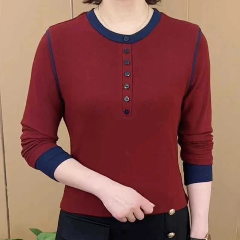 Spring Autumn O-neck Button Contrast Patchwork Vintage Tops Long Sleeve Plus Size Harajuku T Shirts Fashion Casual Women Clothes