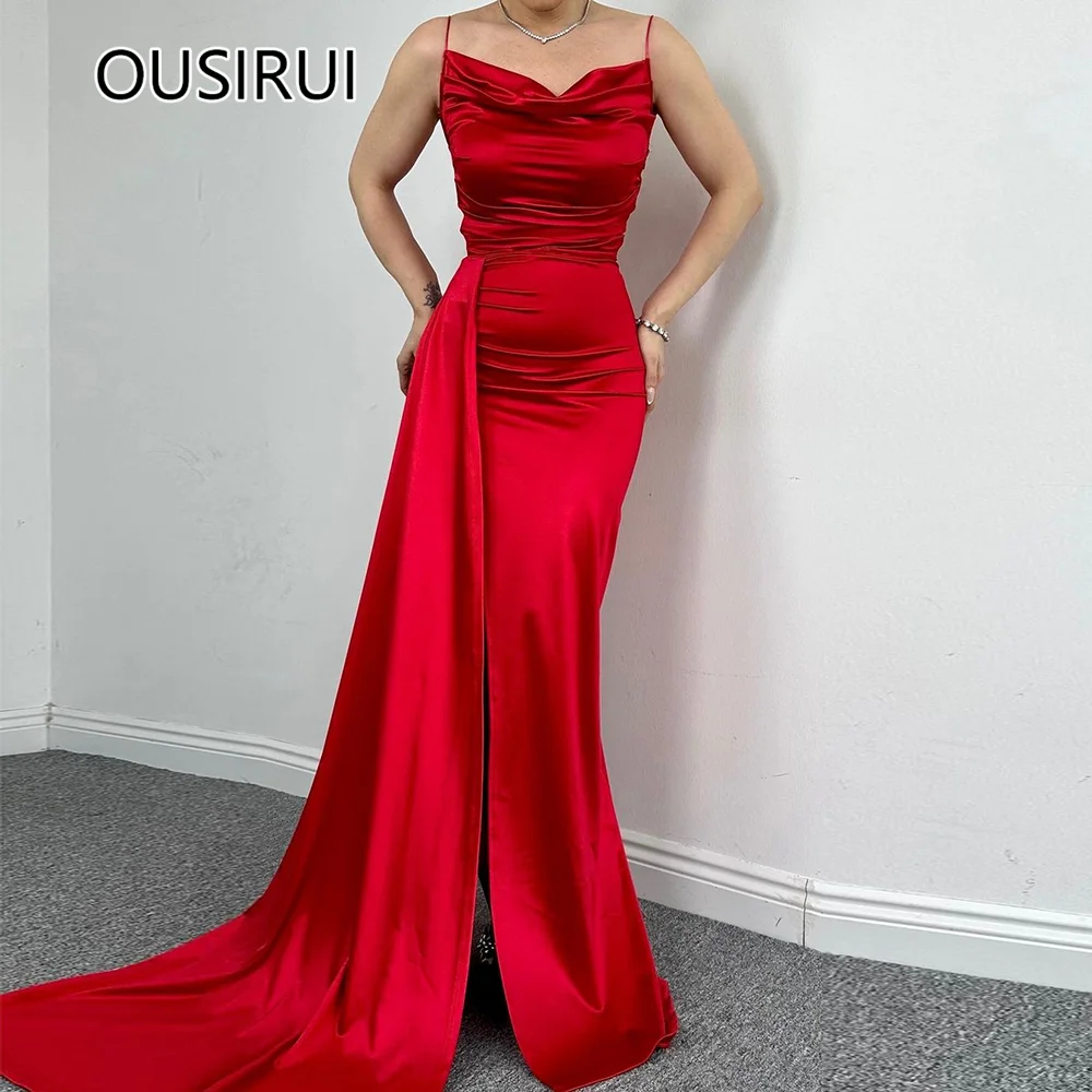 

OUSIRUI Simple Boat Collar Satin Solid Evening Prom Dress Sexy Sheath Sweep Court Backless Prom Party Gown vestidos de festa