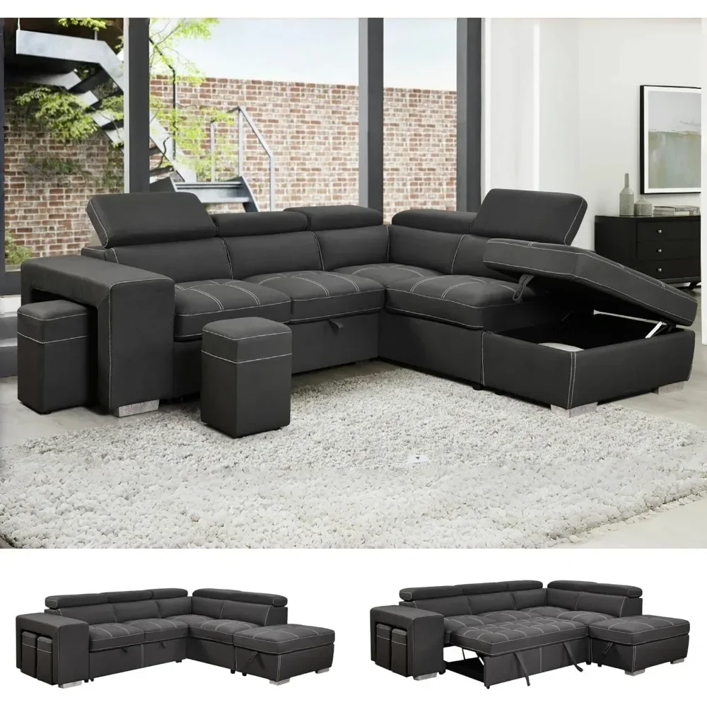 5 Seats L Shaped Sectional Sofa Couch Microfiber Sectional Sleeper Sofa Couch Pull Out Bed with Right Facing Chaise