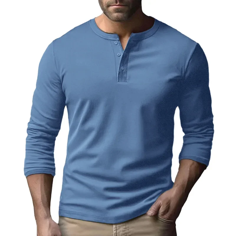 Spring And Autumn Casual Crew Neck Henley Shirt Slim-fit Solid Color Bottom Long Sleeve Shirt Men's T-Shirt