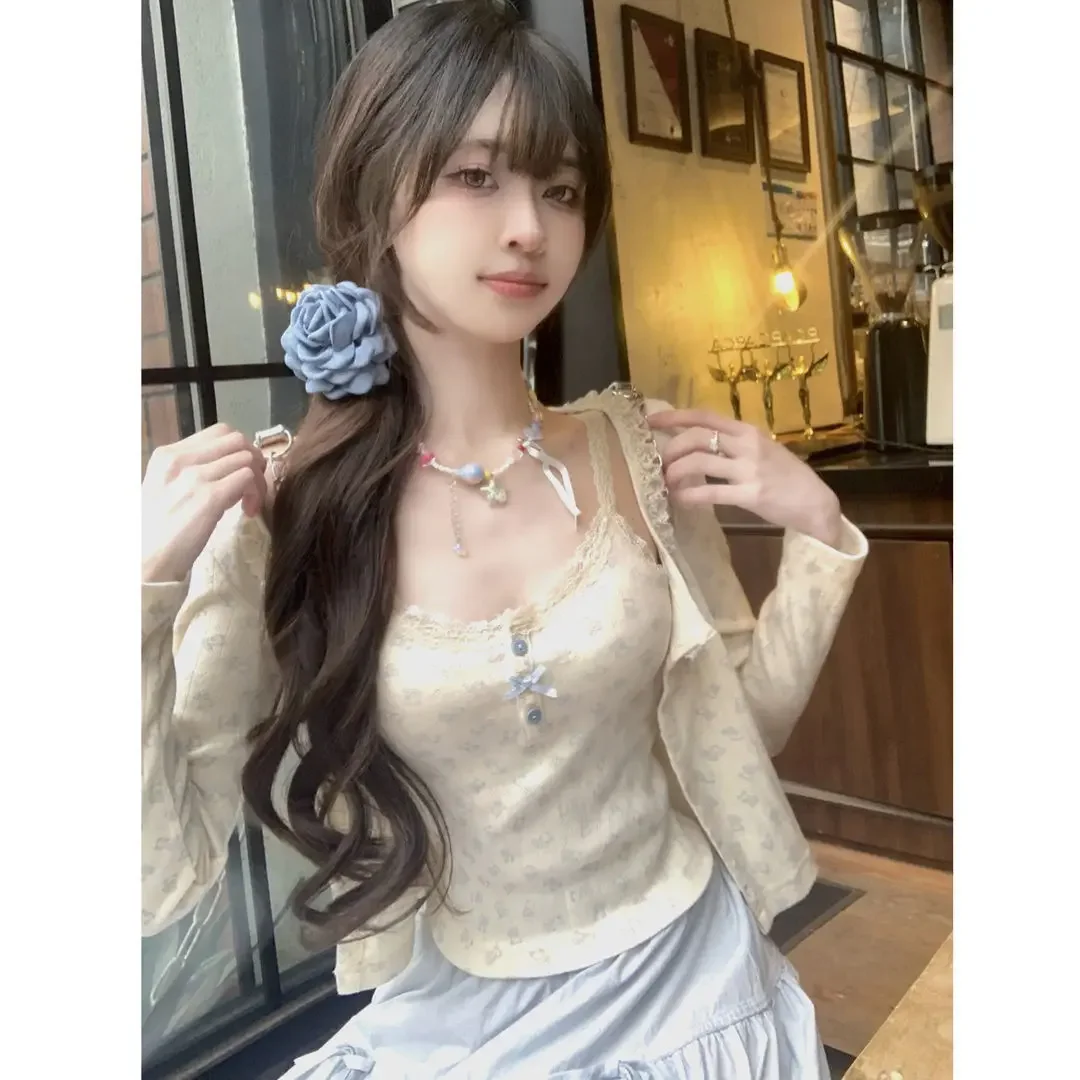 اليابانية Kawaii 3 قطعة تنورة مجموعات النساء لوليتا لطيف المحاصيل بلوزة + ميدي التنانير الكورية موضة الدعاوى شيك 2000s خمر شيك