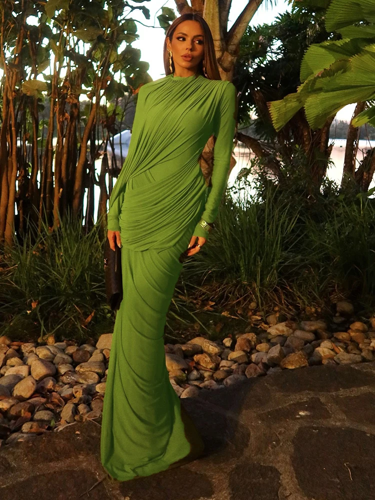 

Элегантные зеленые плиссированные вечерние платья макси с длинным рукавом для выпускного вечера, свадебные наряды для гостей, одежда для женщин
