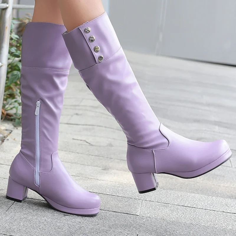 

Женские сапоги до колена, осень-зима 202, черно-белая обувь на низком каблуке, длинные сапоги, женская обувь, большой размер 45, 48