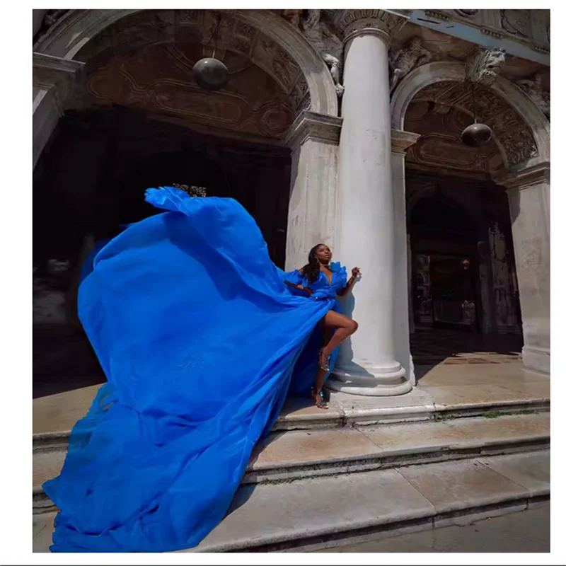 Dream Blue Flowing Dress Extra Long Train Slit Bridal Photoshoot Dresses Silk Chiffon Perform Photography Dress customized