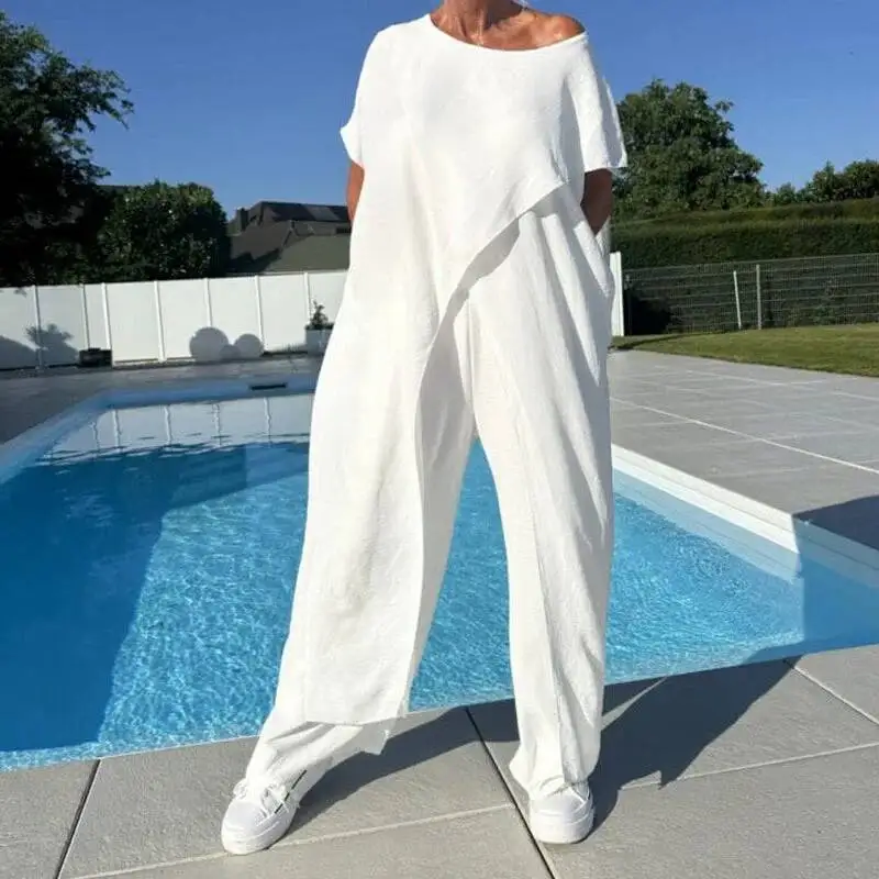 

Loose Cotton Linen Pants Short Sleeve Irregular Color Block Long Top Women's Fashion Set Summer 2025 Casual Outfit