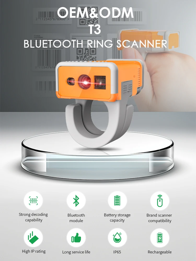 Effon T3 23g superleichter QR-Code 2D tragbarer Ring-Barcode-Scanner Mini tragbarer Android Wireless BT Finger-Barcode-Scanner